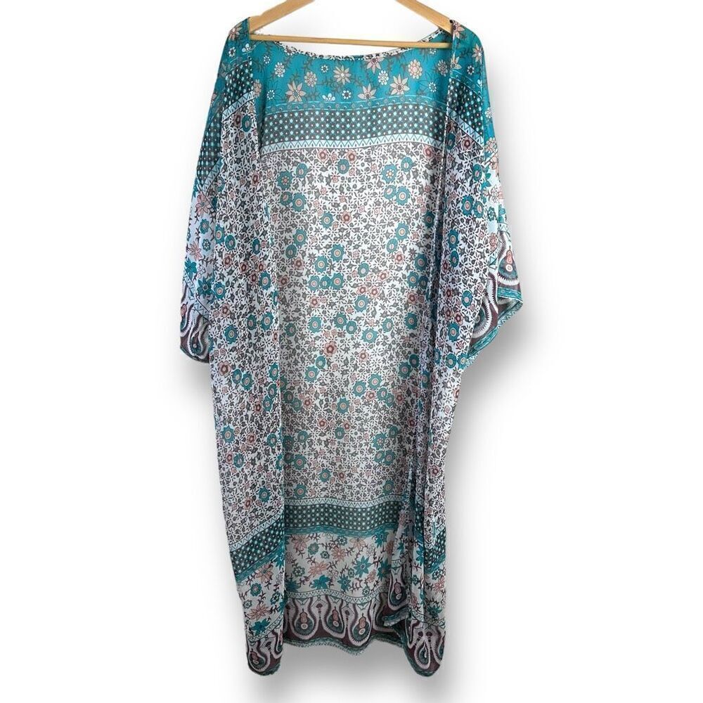 Boutique‎ Women's One Size Open Front Long Duster Kimono Teal Blue Brown Floral